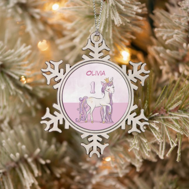 Custom Name 1st Birthday Pink Horse With Crown Snowflake Pewter Christmas Ornament (Tree)