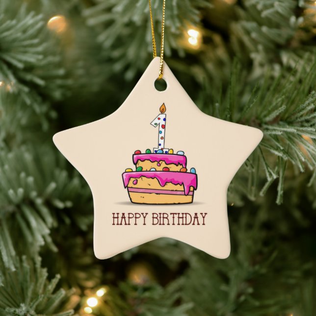 Custom Name, 1st Birthday, Sweet Pink Cake Ceramic Tree Decoration (Tree)