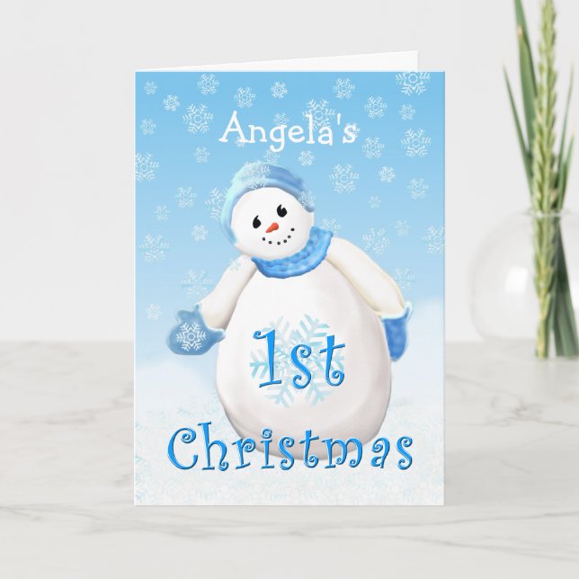 Custom Name 1st Christmas Snowman Greeting Holiday Card (Front)
