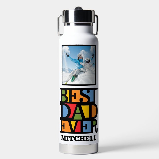 Custom Name & 2 Photos BEST DAD EVER Water Bottle (Front)