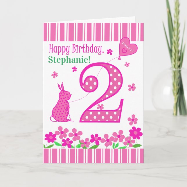 Custom Name 2nd Birthday with Pink Bunny Card (Front)