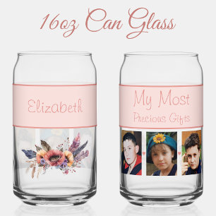 Custom name 3 photo flowers coral can glass
