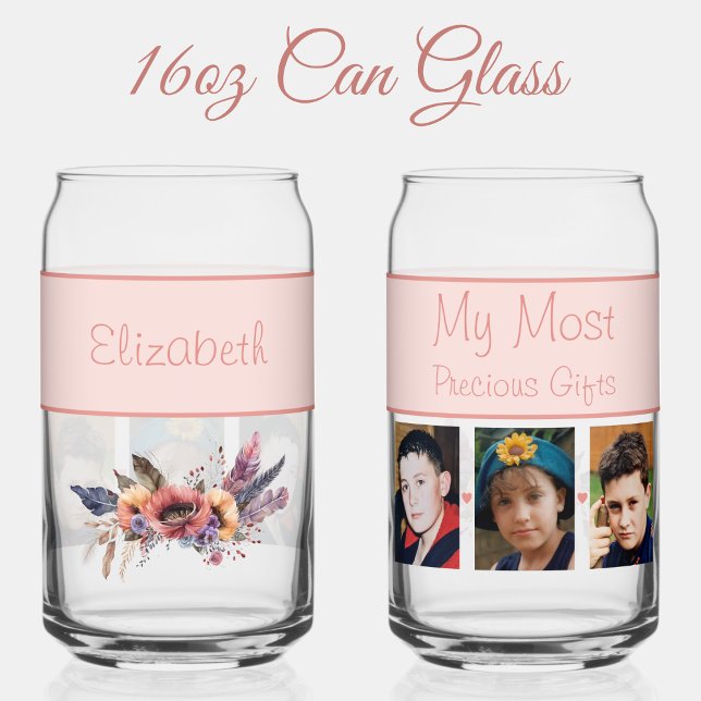 Custom name 3 photo flowers coral can glass (Creator Uploaded)