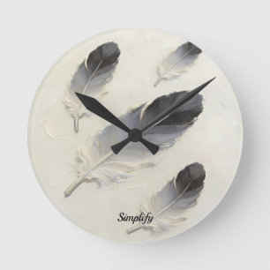 Custom Name 3D Black Grey Oil Feather Modern Round Clock