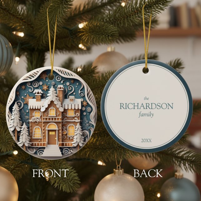 Custom Name 3D Gingerbread House Christmas Ceramic Tree Decoration (custom name 3D effect paper cut gingerbread house Christmas ornament)