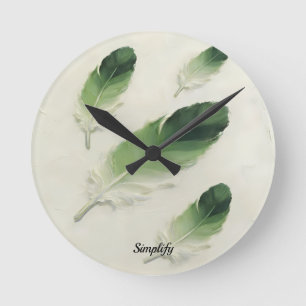 Custom Name 3D Green Feather Modern Clock Round Clock