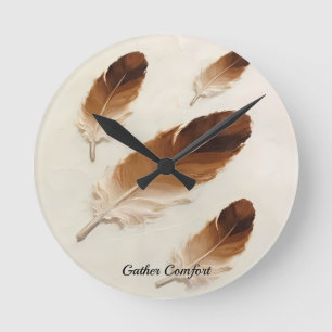 Custom Name 3D Oil Brown Feather Modern Round Clock
