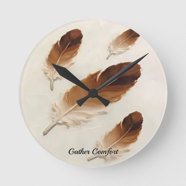Custom Name 3D Oil Brown Feather Modern Round Clock (Front)