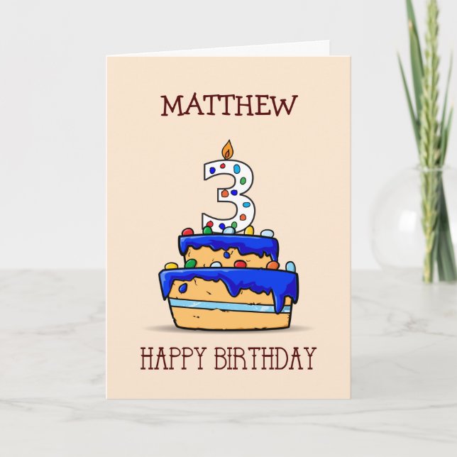 Custom Name, 3rd Birthday, 3 on Sweet Blue Cake Card (Front)