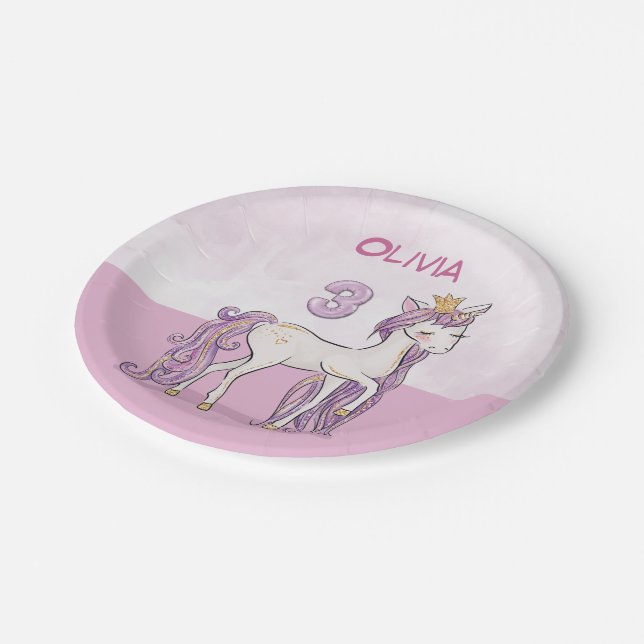 Custom Name 3rd Birthday Pink Horse With Crown Paper Plate (Angled)