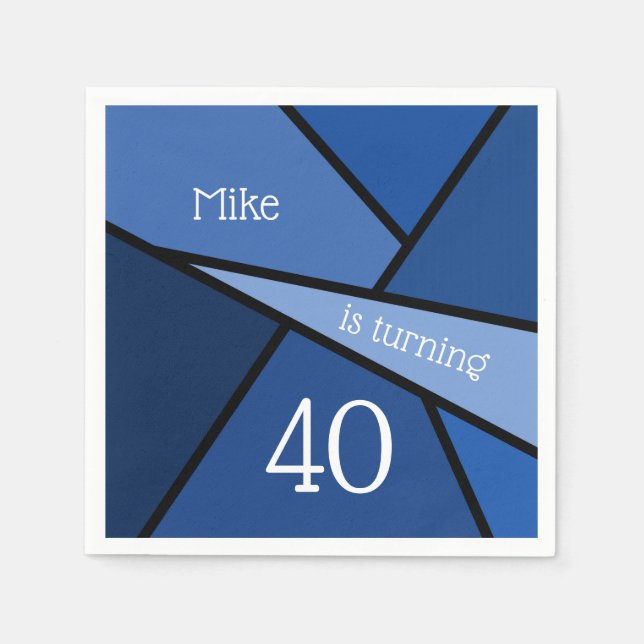 Custom Name 40th Birthday Abstract Blue Geometric Napkin (Front)
