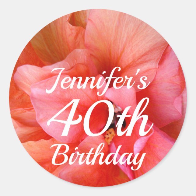 Custom Name 40th Birthday Orange Pink Flower Photo Classic Round Sticker (Front)