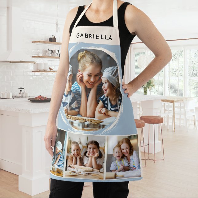 Custom Name 4 Photo Collage Elegant Blue Kitchen Apron (A stylish kitchen apron in light blue and cream, with four custom photos and personalized name)