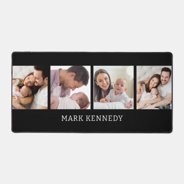 Custom Name 4 Photo Collage Personalised Black Desk Mat (Front)
