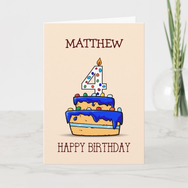 Custom Name, 4th Birthday, 4 on Sweet Blue Cake Card (Front)