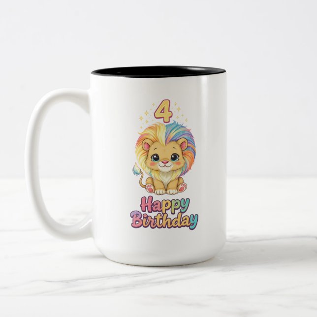 Custom Name 4th Birthday Cute Lion  Two-Tone Coffee Mug (Left)