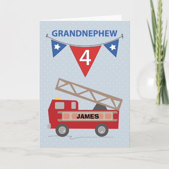 Custom Name 4th Birthday Grand Nephew Firetruck Card (Front)