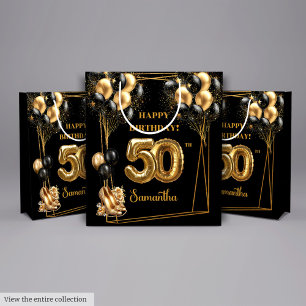 Custom Name 50th Birthday Gift Bag Black Gold