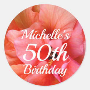 Custom Name 50th Birthday Orange Pink Flower Photo Classic Round Sticker