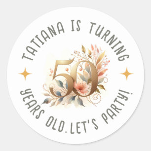 Custom Name 50th Birthday Party Celebration Floral Classic Round Sticker