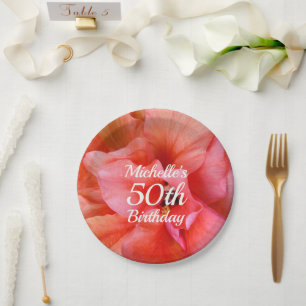 Custom Name 50th Birthday Tropical Flower Photo Paper Plate