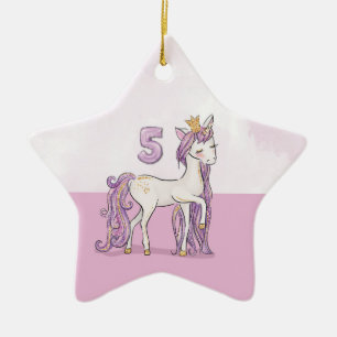 Custom Name 5th Birthday Pink Horse With Crown Ceramic Tree Decoration