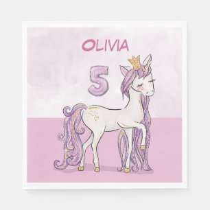 Custom Name 5th Birthday Pink Horse With Crown Napkin