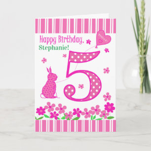 Custom Name 5th Birthday with Pink Bunny Card