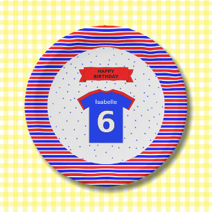 Custom name 6th birthday party red blue paper plate
