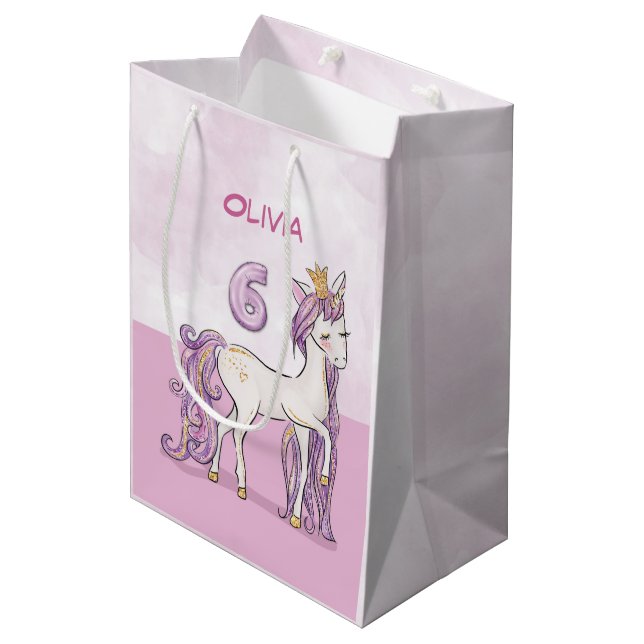 Custom Name 6th Birthday Pink Horse With Crown Medium Gift Bag (Front Angled)