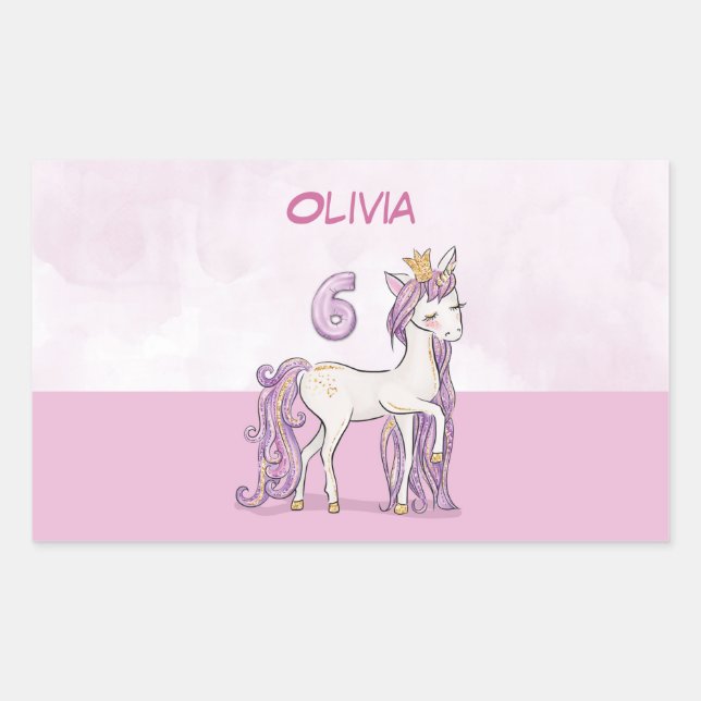 Custom Name 6th Birthday Pink Horse With Crown Rectangular Sticker (Front)