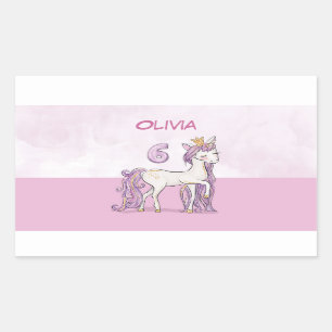 Custom Name 6th Birthday Pink Horse With Crown Rectangular Sticker