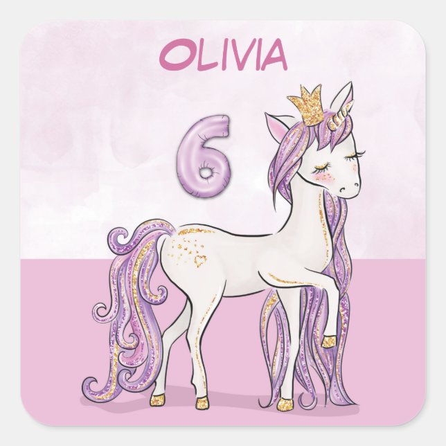 Custom Name 6th Birthday Pink Horse With Crown Square Sticker (Front)