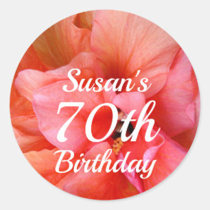 Custom Name 70th Birthday Pink Orange Flower Photo Classic Round Sticker