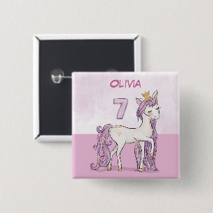Custom Name 7th Birthday Pink Horse With Crown 15 Cm Square Badge