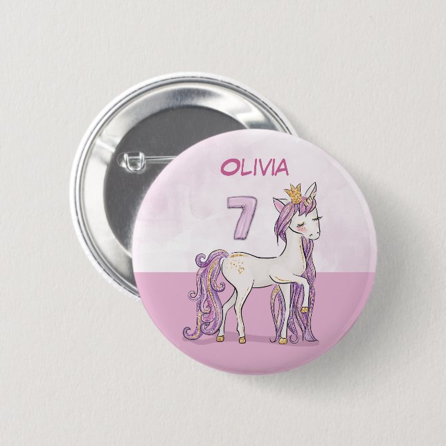 Custom Name 7th Birthday Pink Horse With Crown 6 Cm Round Badge (Front & Back)