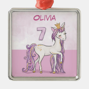 Custom Name 7th Birthday Pink Horse With Crown Metal Tree Decoration