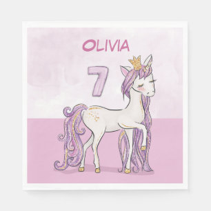 Custom Name 7th Birthday Pink Horse With Crown Napkin