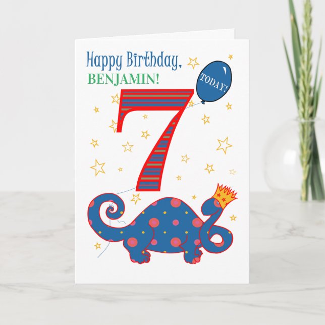 Custom Name 7th Birthday with Fun Dinosaur Card (Front)