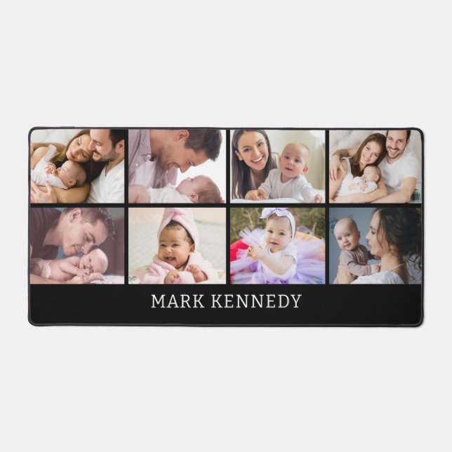 Custom Name 8 Photo Collage Personalized Black Desk Mat (Front)
