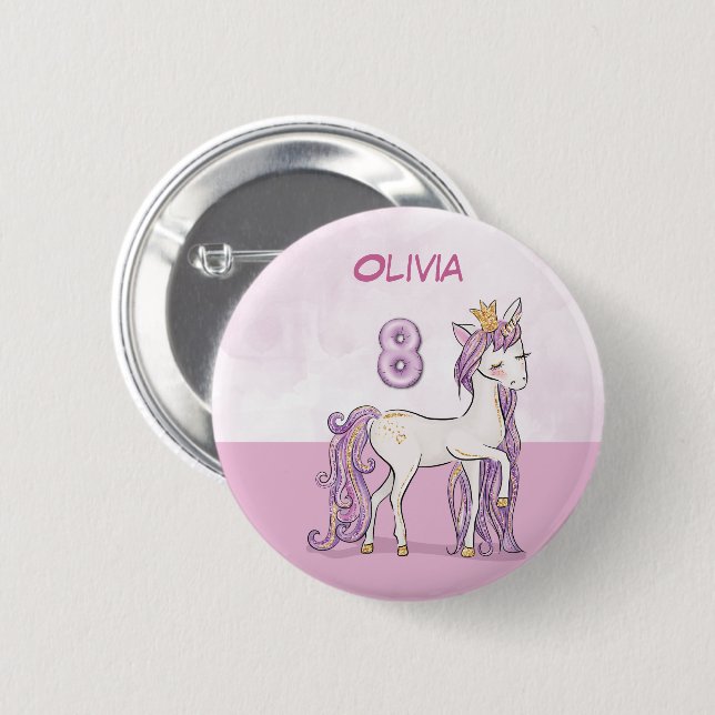 Custom Name 8th Birthday Pink Horse With Crown 6 Cm Round Badge (Front & Back)
