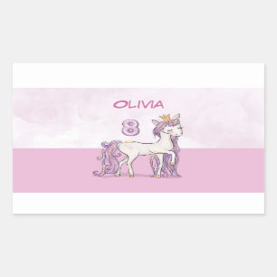 Custom Name 8th Birthday Pink Horse With Crown Rectangular Sticker