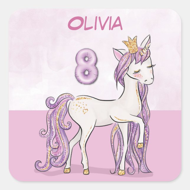 Custom Name 8th Birthday Pink Horse With Crown Square Sticker (Front)