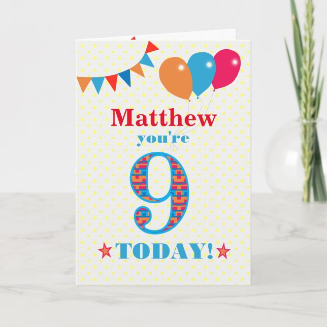 Custom Name 9th Birthday Bunting and Balloons Card (Front)