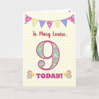 Custom Name 9th Birthday Primroses Bunting Card