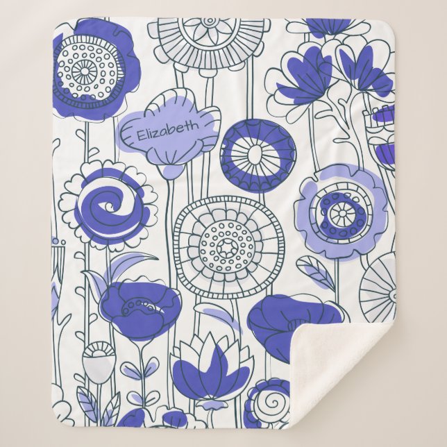Custom Name Abstract Floral Blue Purple Artsy Cute Sherpa Blanket (Front)