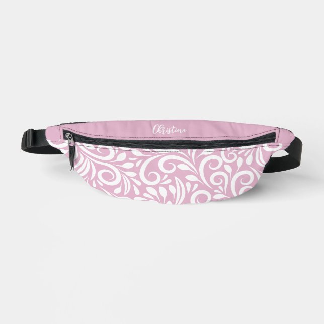 Custom Name Abstract Floral Elegant Girly Pink Bum Bags (Front)