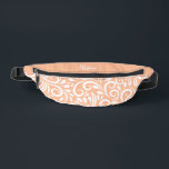 Custom Name Abstract Floral Elegant Peach White    Bum Bags<br><div class="desc">This unique fanny pack design is whimsical and feminine. The front background consists of an abstract white floral pattern on a trendy peach background. The area above the zipper is solid peach and is perfect for your custom name or short text in stylish white script. All colours in this design...</div>