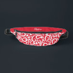 Custom Name Abstract Floral Elegant Red White Bum Bags<br><div class="desc">This unique fanny pack design is whimsical and feminine. The front background consists of an abstract white floral pattern on a classic red background. The area above the zipper is solid red and is perfect for your custom name or short text in stylish white script. All colours in this design...</div>