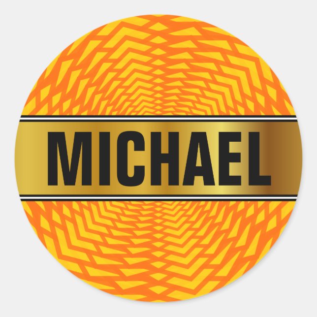 Custom Name + Abstract Geometric Sun-Like Pattern Classic Round Sticker (Front)